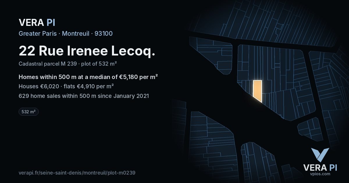 22 Rue Irenee Lecoq, Montreuil at night – the plot lit, the parcels around coloured by the prices near them