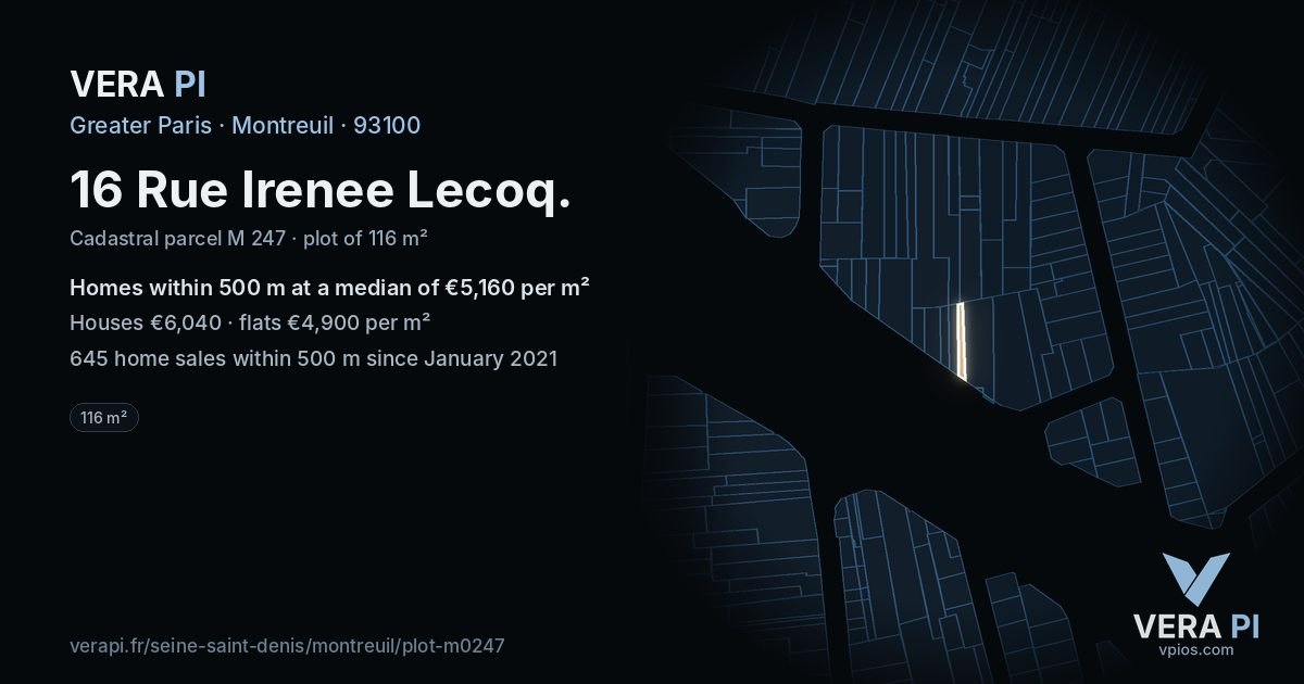 16 Rue Irenee Lecoq, Montreuil at night – the plot lit, the parcels around coloured by the prices near them