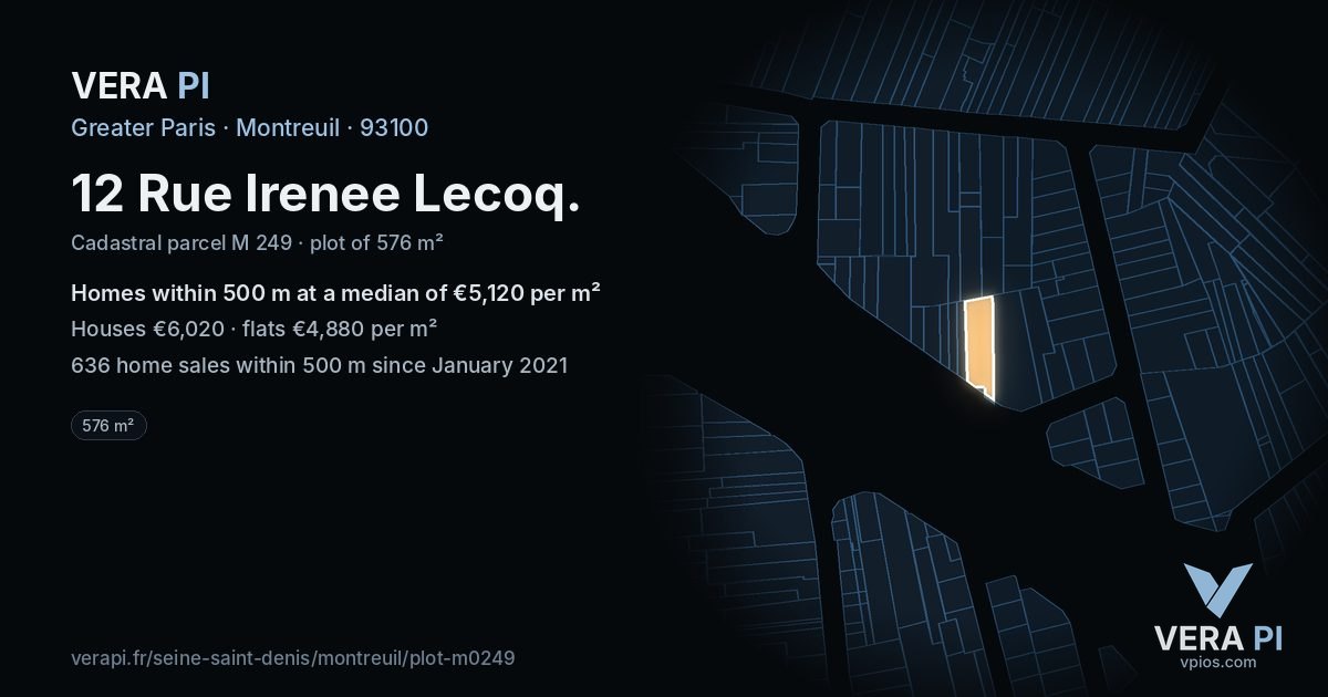 12 Rue Irenee Lecoq, Montreuil at night – the plot lit, the parcels around coloured by the prices near them