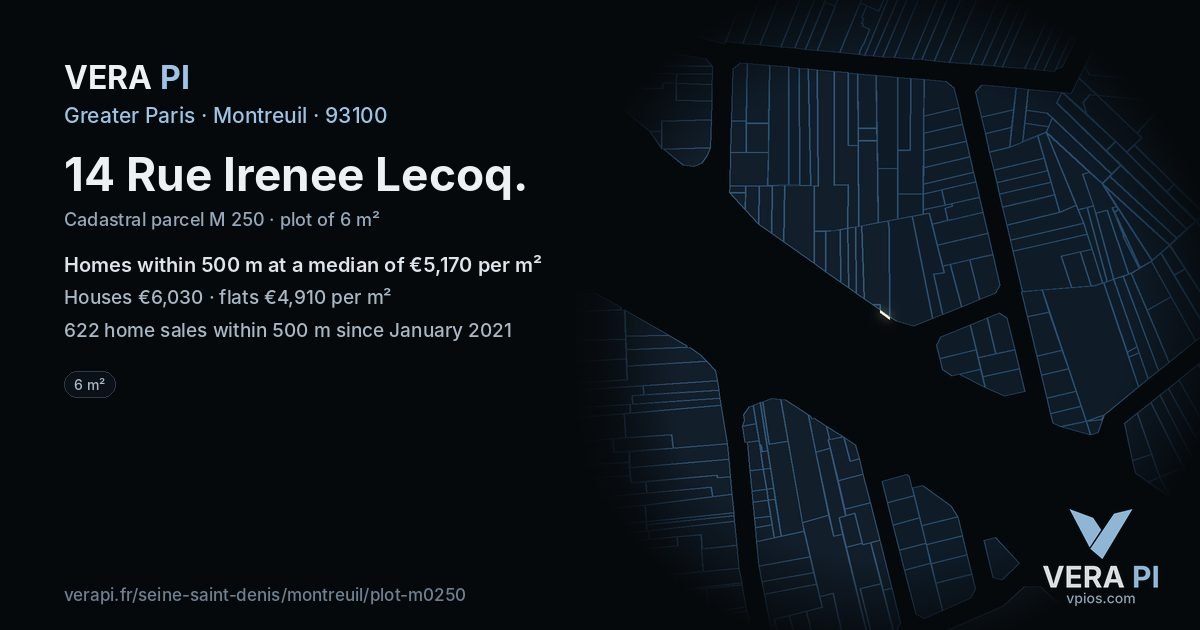 14 Rue Irenee Lecoq, Montreuil at night – the plot lit, the parcels around coloured by the prices near them