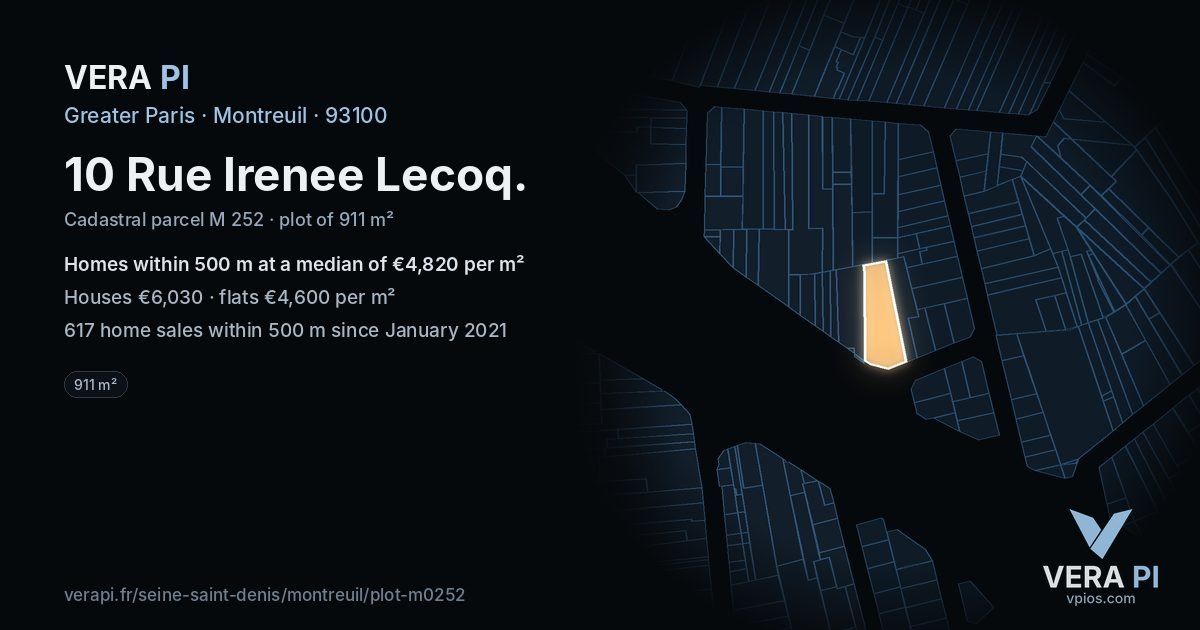 10 Rue Irenee Lecoq, Montreuil at night – the plot lit, the parcels around coloured by the prices near them