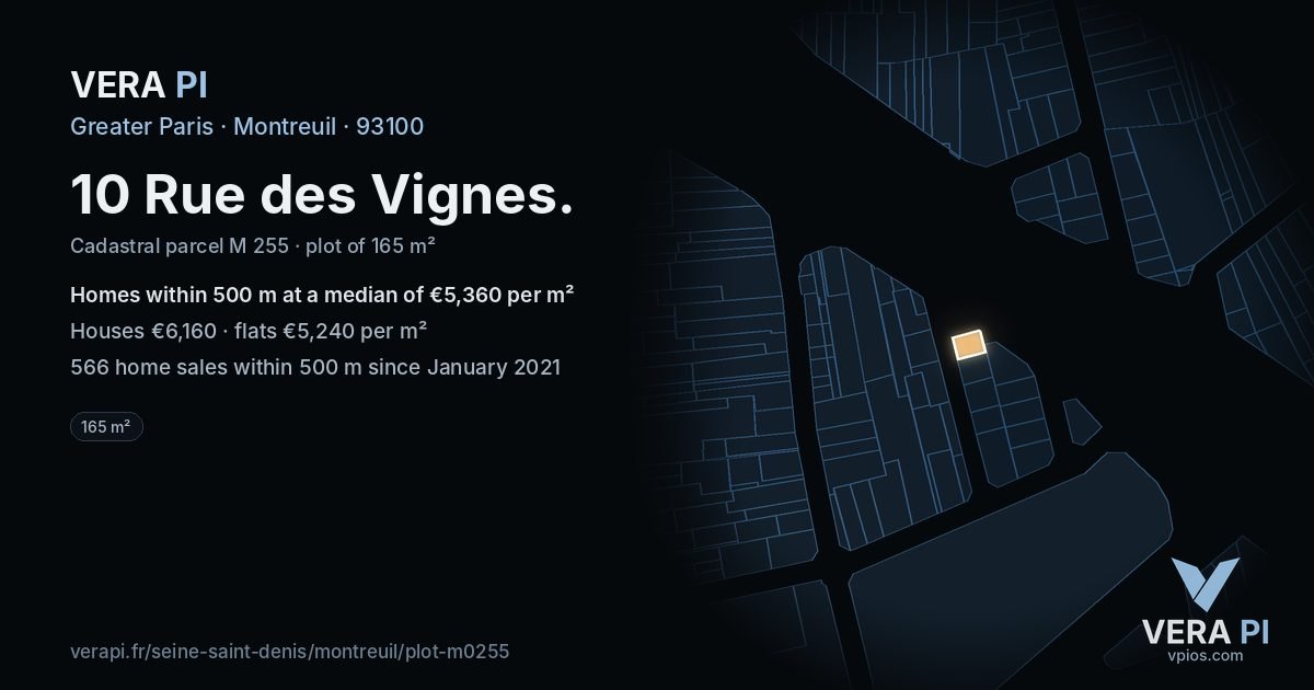 10 Rue des Vignes, Montreuil at night – the plot lit, the parcels around coloured by the prices near them