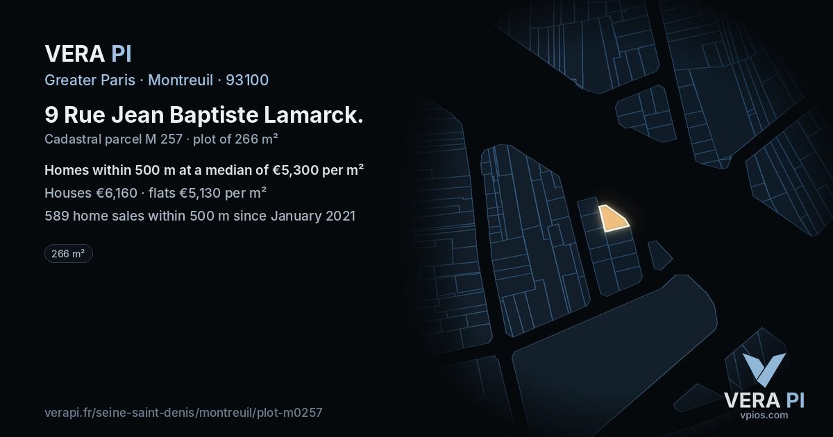 9 Rue Jean Baptiste Lamarck, Montreuil at night – the plot lit, the parcels around coloured by the prices near them