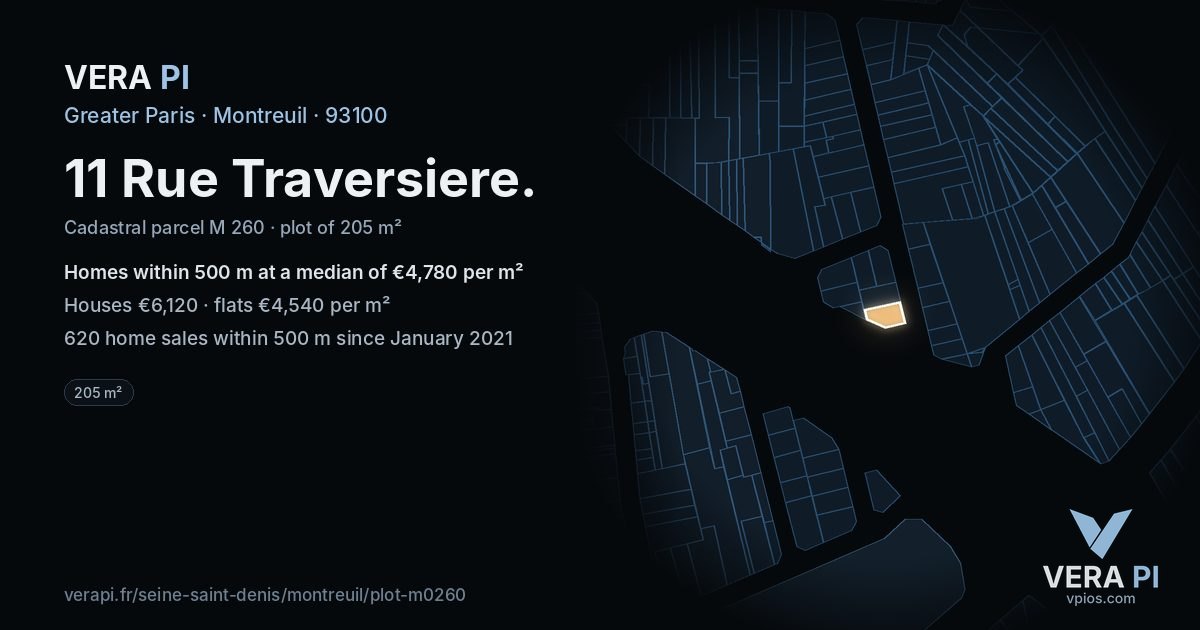 11 Rue Traversiere, Montreuil at night – the plot lit, the parcels around coloured by the prices near them