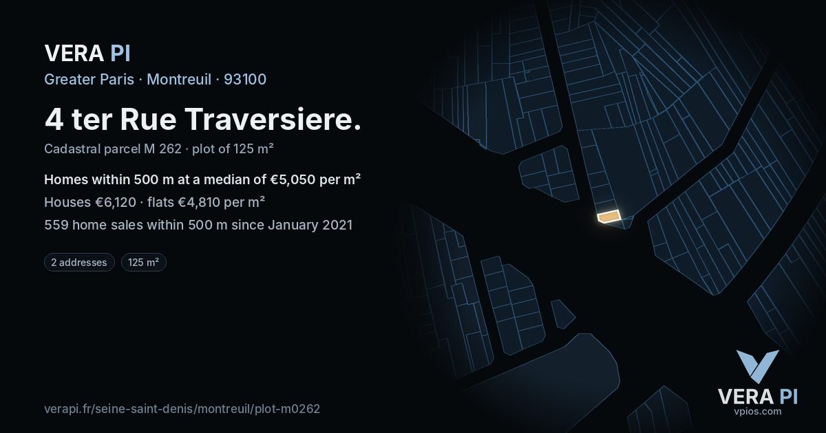 4 ter Rue Traversiere, Montreuil at night – the plot lit, the parcels around coloured by the prices near them