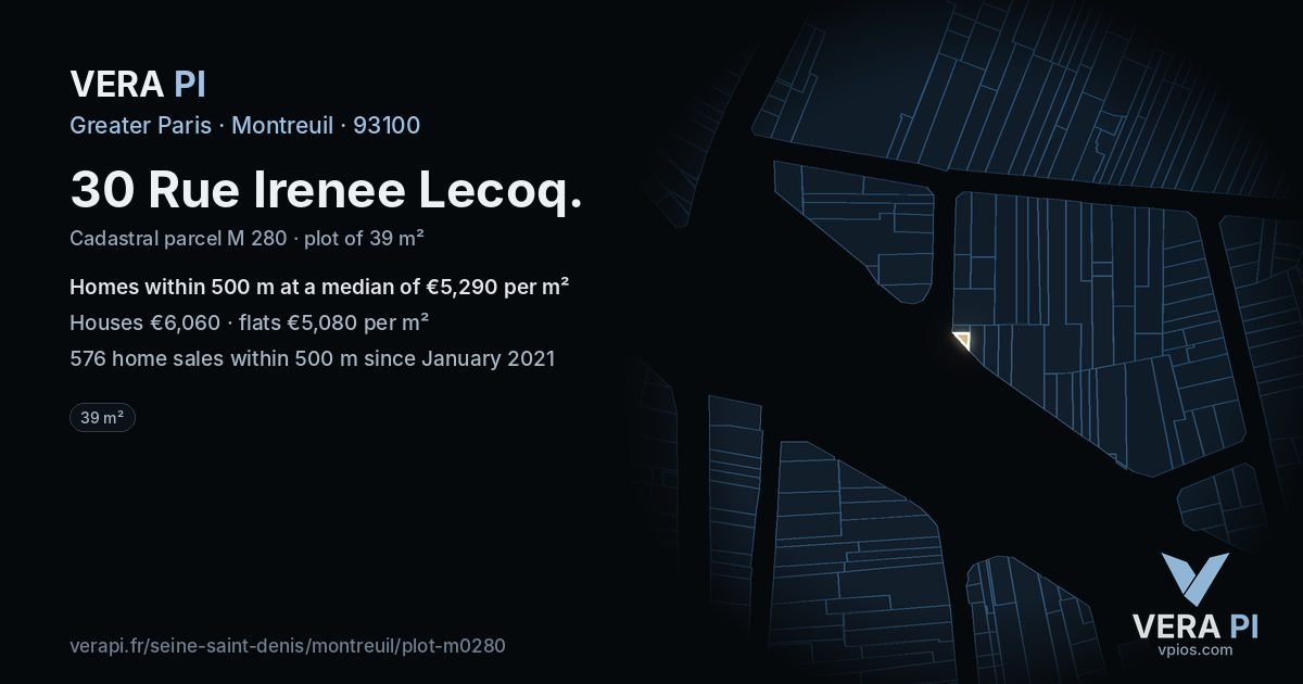 30 Rue Irenee Lecoq, Montreuil at night – the plot lit, the parcels around coloured by the prices near them