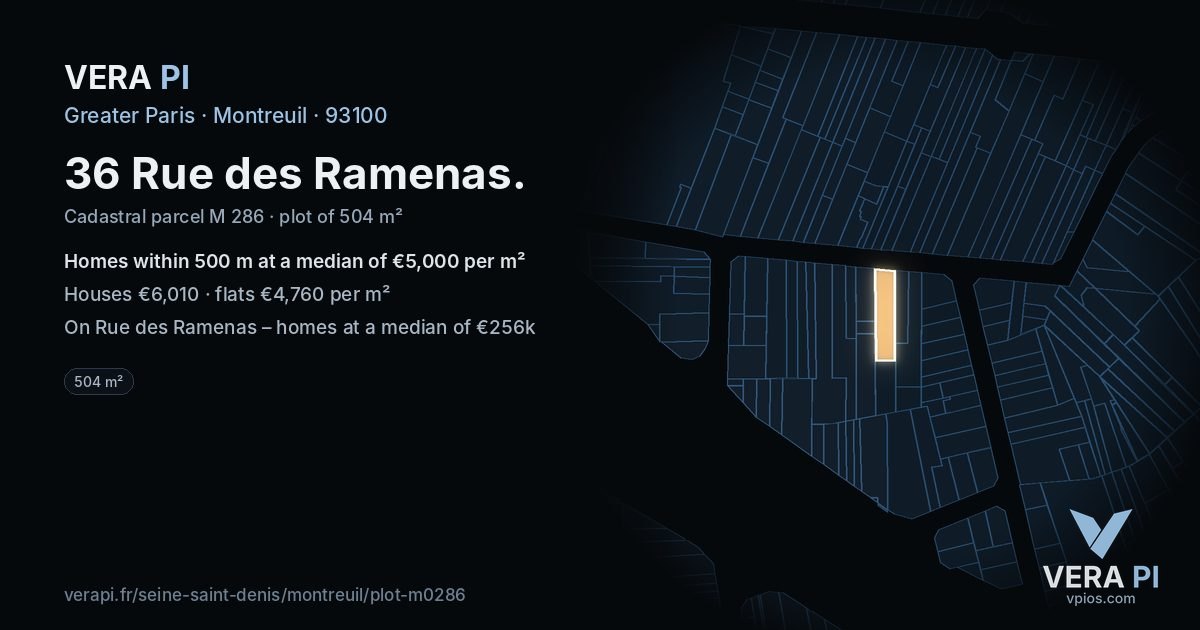 36 Rue des Ramenas, Montreuil at night – the plot lit, the parcels around coloured by the prices near them