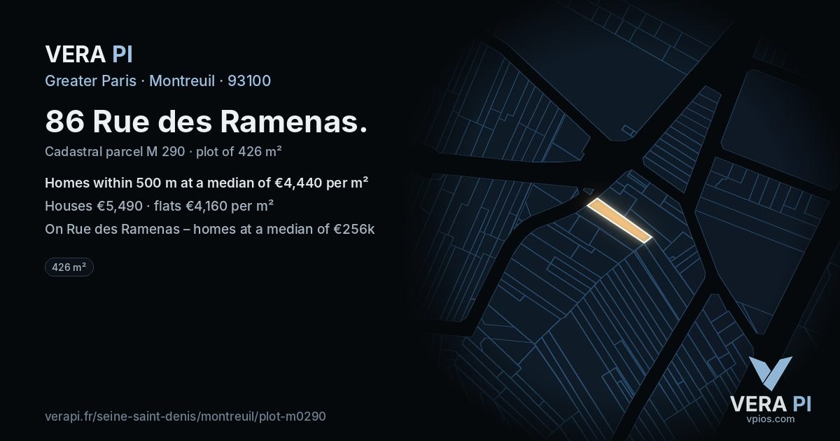 86 Rue des Ramenas, Montreuil at night – the plot lit, the parcels around coloured by the prices near them