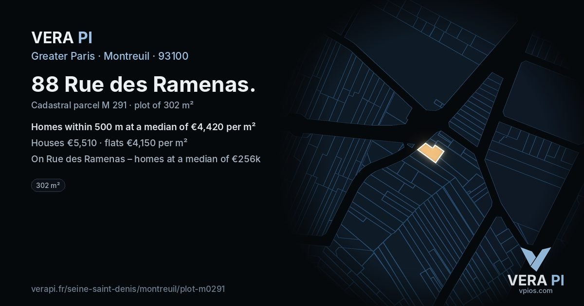 88 Rue des Ramenas, Montreuil at night – the plot lit, the parcels around coloured by the prices near them