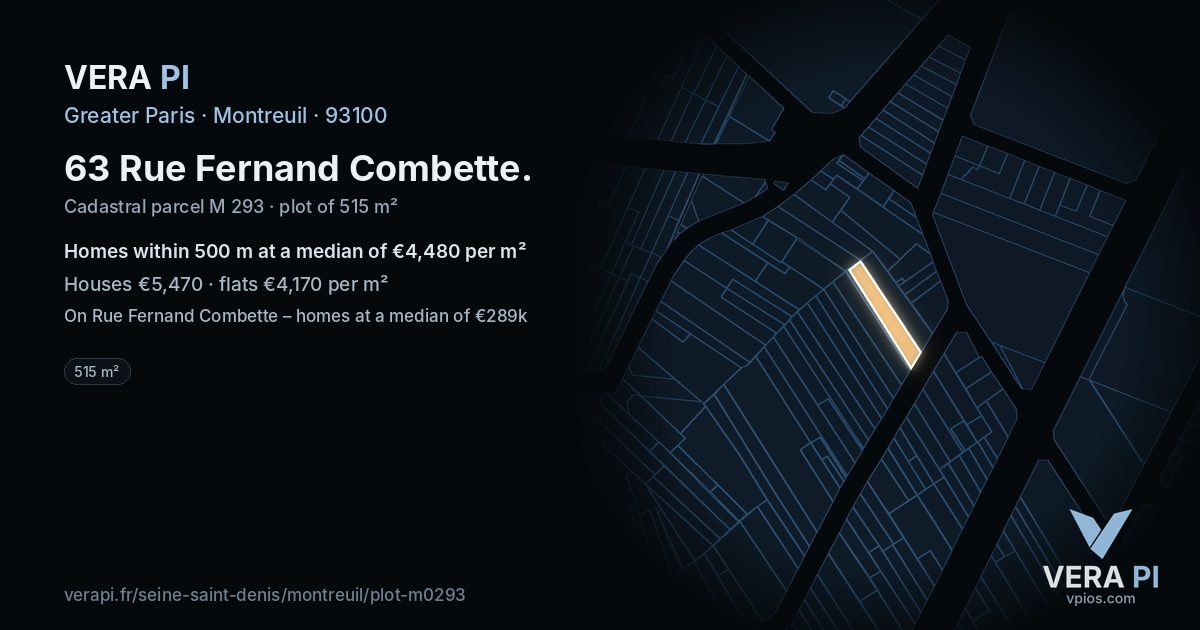 63 Rue Fernand Combette, Montreuil at night – the plot lit, the parcels around coloured by the prices near them