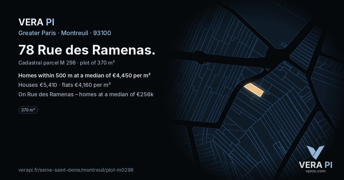 78 Rue des Ramenas, Montreuil at night – the plot lit, the parcels around coloured by the prices near them