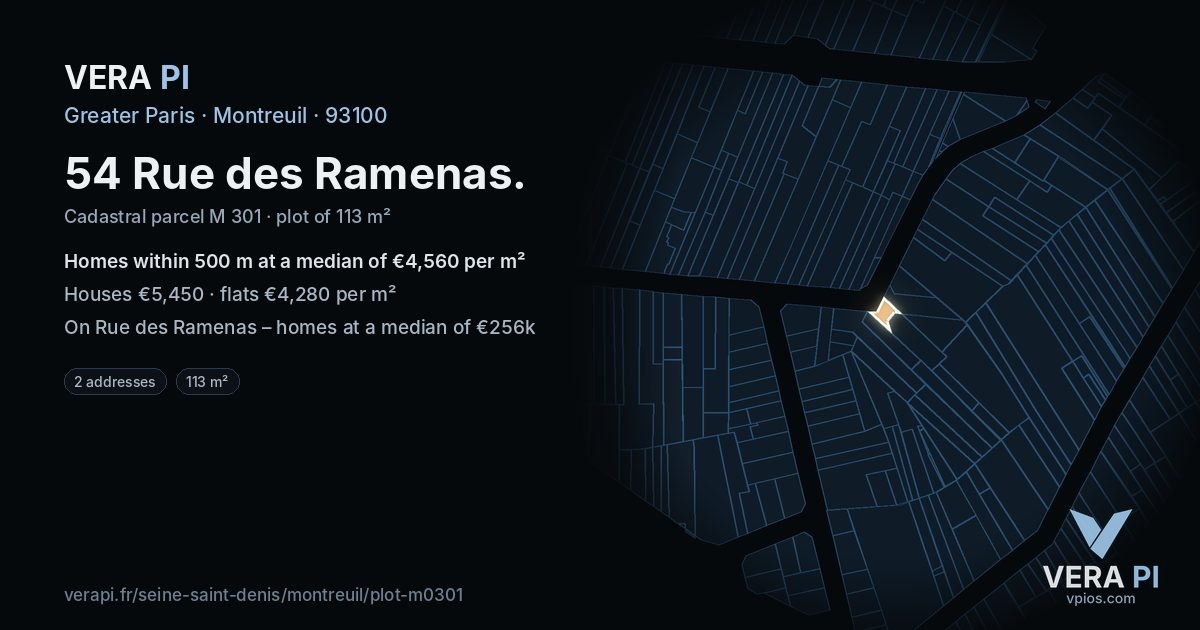 54 Rue des Ramenas, Montreuil at night – the plot lit, the parcels around coloured by the prices near them