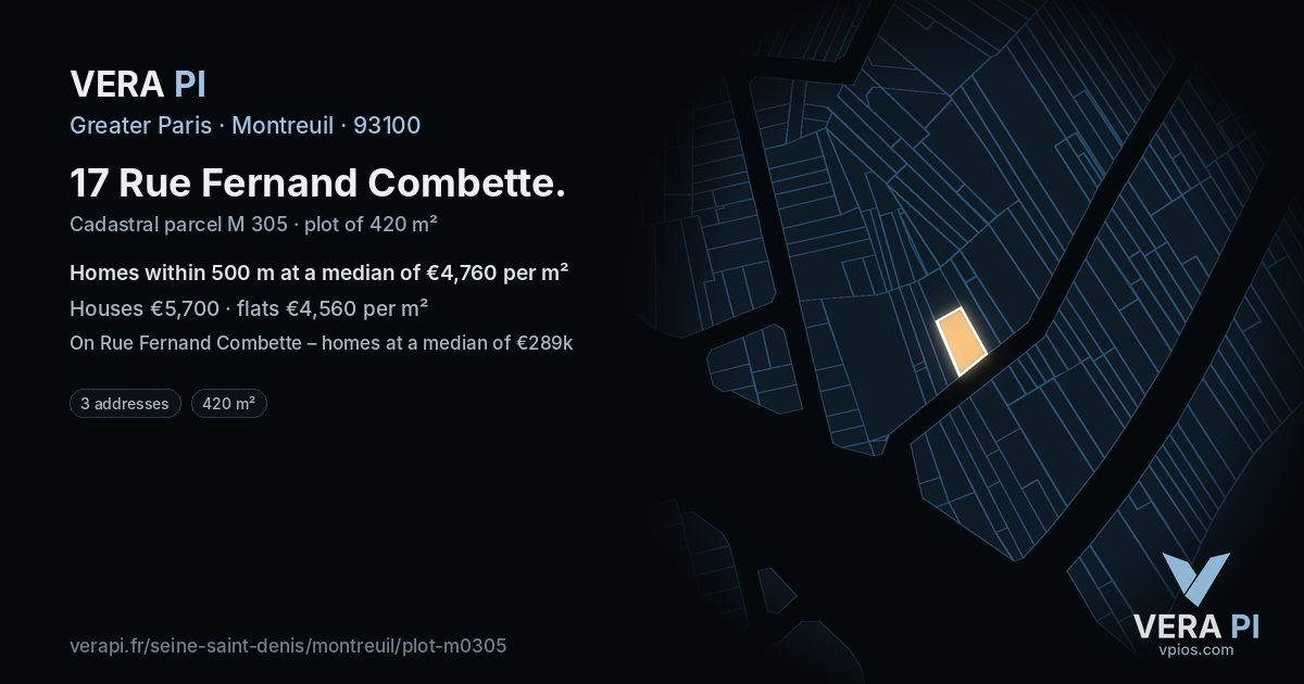17 Rue Fernand Combette, Montreuil at night – the plot lit, the parcels around coloured by the prices near them