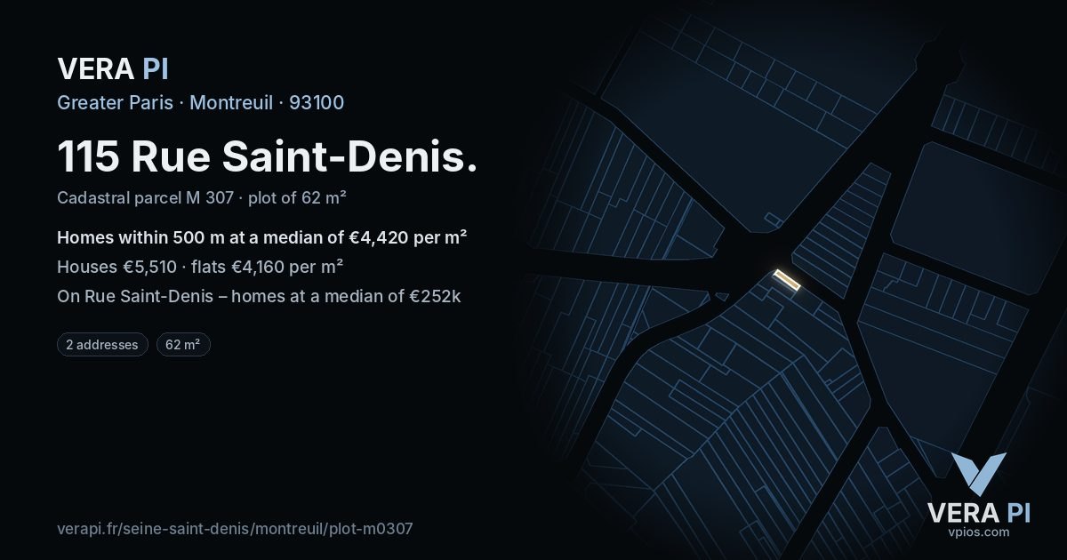 115 Rue Saint-Denis, Montreuil at night – the plot lit, the parcels around coloured by the prices near them