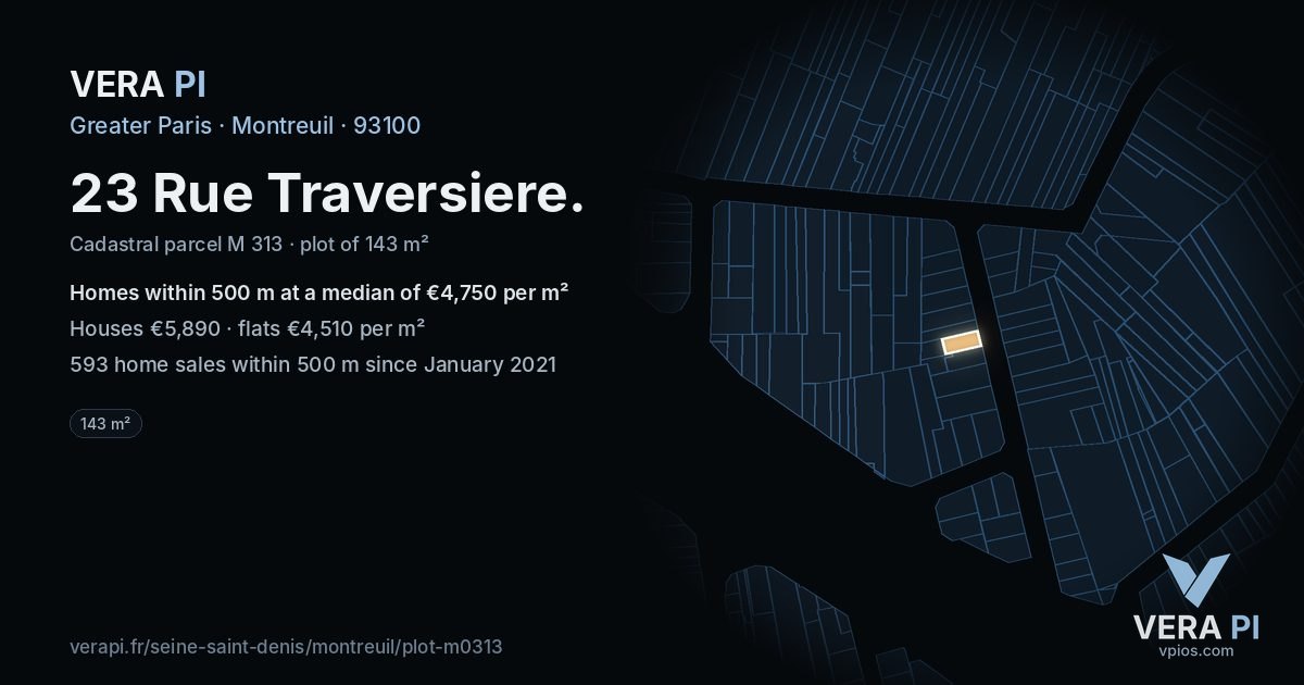 23 Rue Traversiere, Montreuil at night – the plot lit, the parcels around coloured by the prices near them