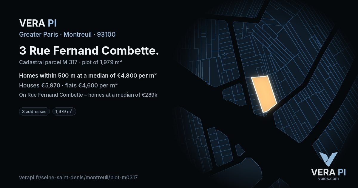 3 Rue Fernand Combette, Montreuil at night – the plot lit, the parcels around coloured by the prices near them