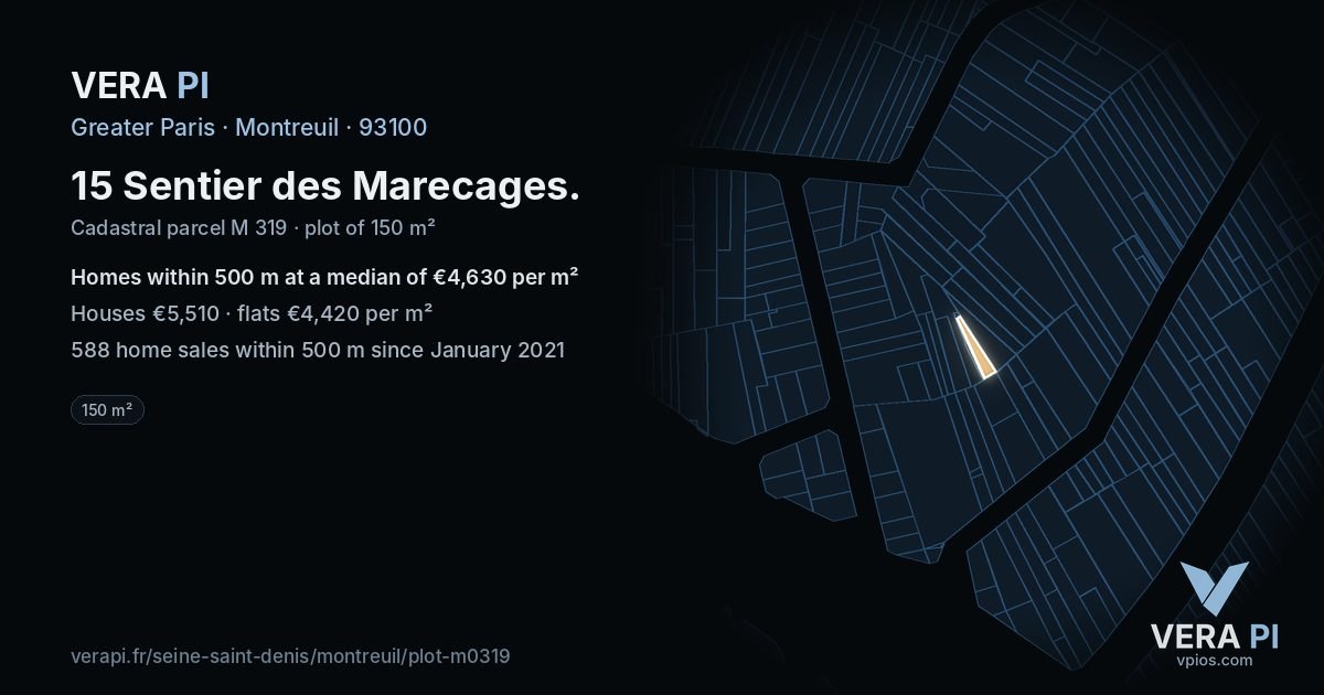 15 Sentier des Marecages, Montreuil at night – the plot lit, the parcels around coloured by the prices near them
