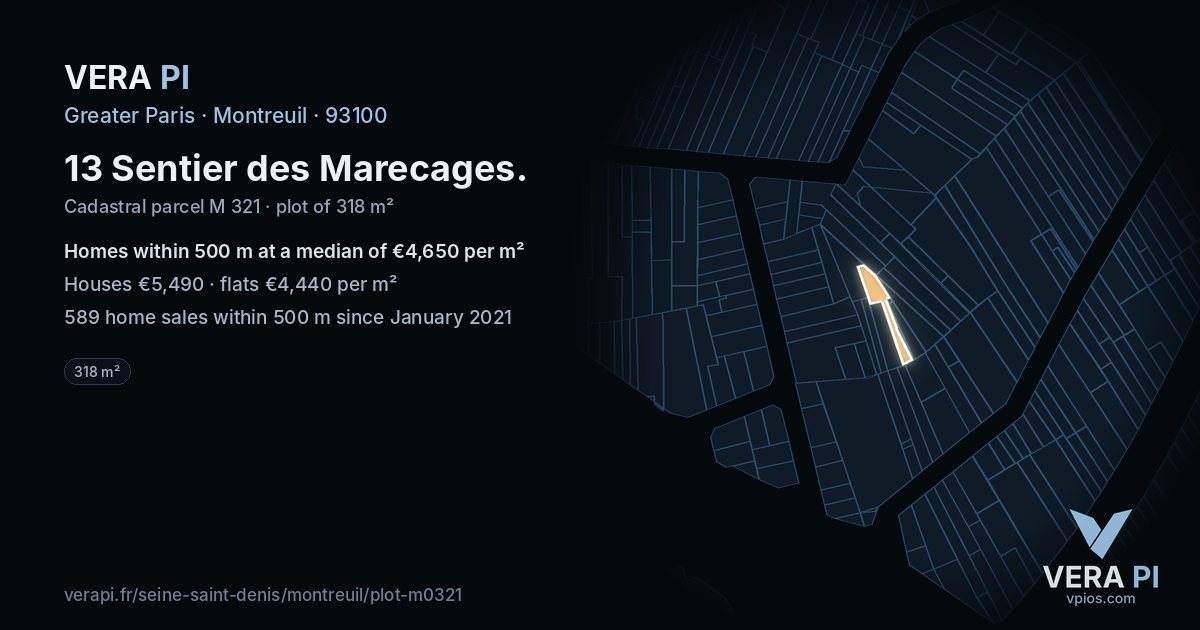 13 Sentier des Marecages, Montreuil at night – the plot lit, the parcels around coloured by the prices near them