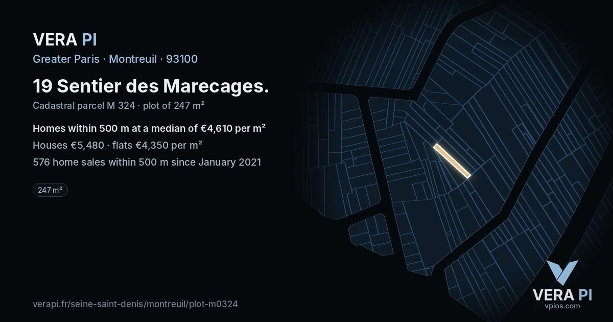 19 Sentier des Marecages, Montreuil at night – the plot lit, the parcels around coloured by the prices near them
