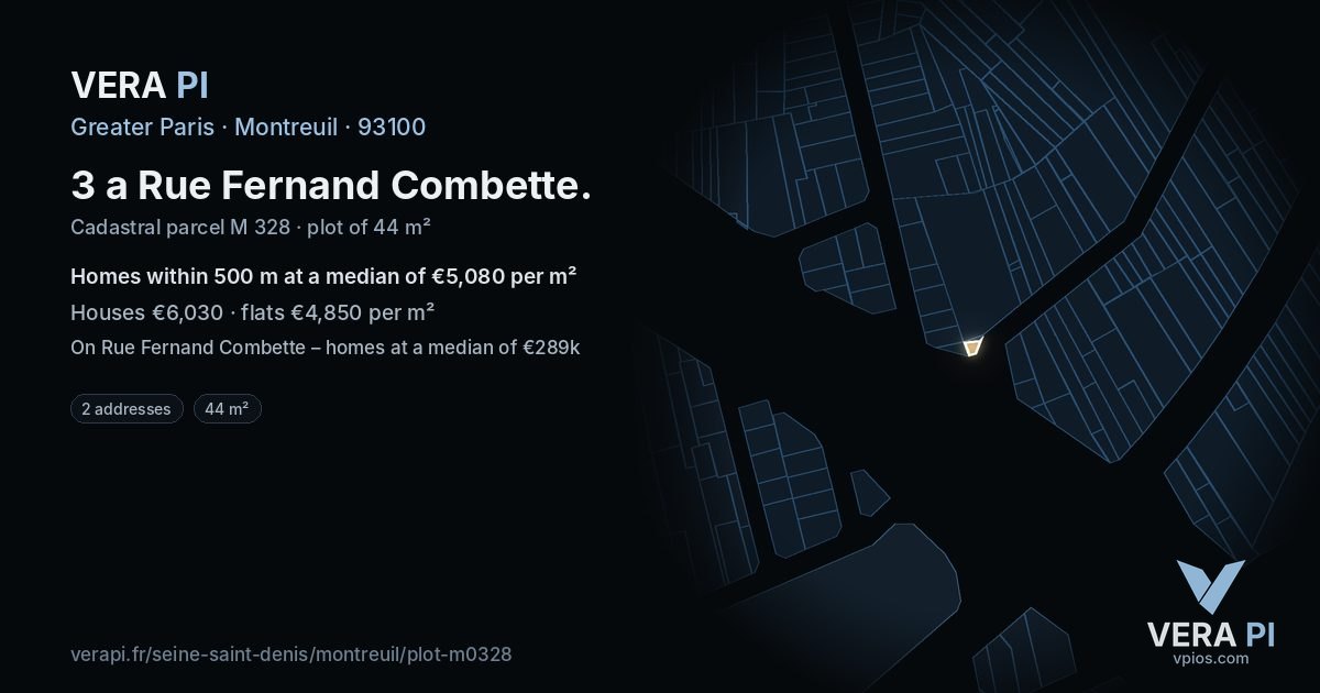 3 a Rue Fernand Combette, Montreuil at night – the plot lit, the parcels around coloured by the prices near them
