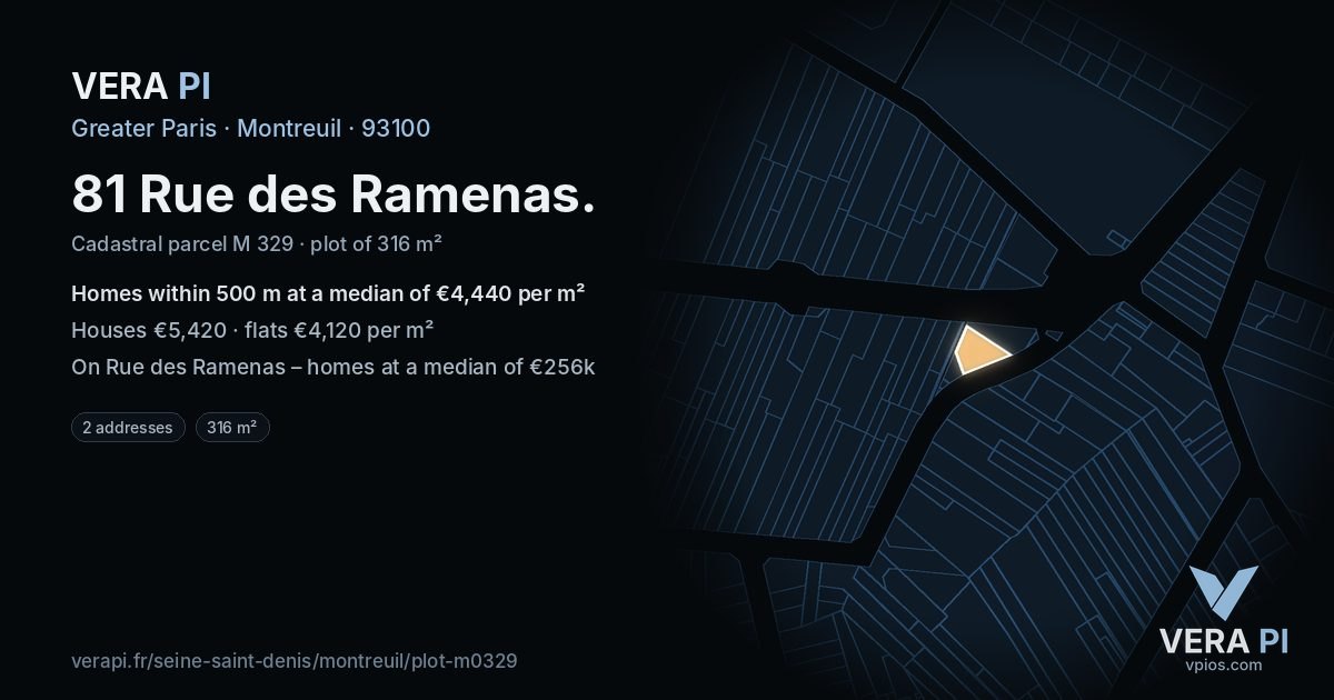81 Rue des Ramenas, Montreuil at night – the plot lit, the parcels around coloured by the prices near them