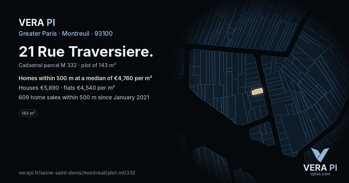 21 Rue Traversiere, Montreuil at night – the plot lit, the parcels around coloured by the prices near them