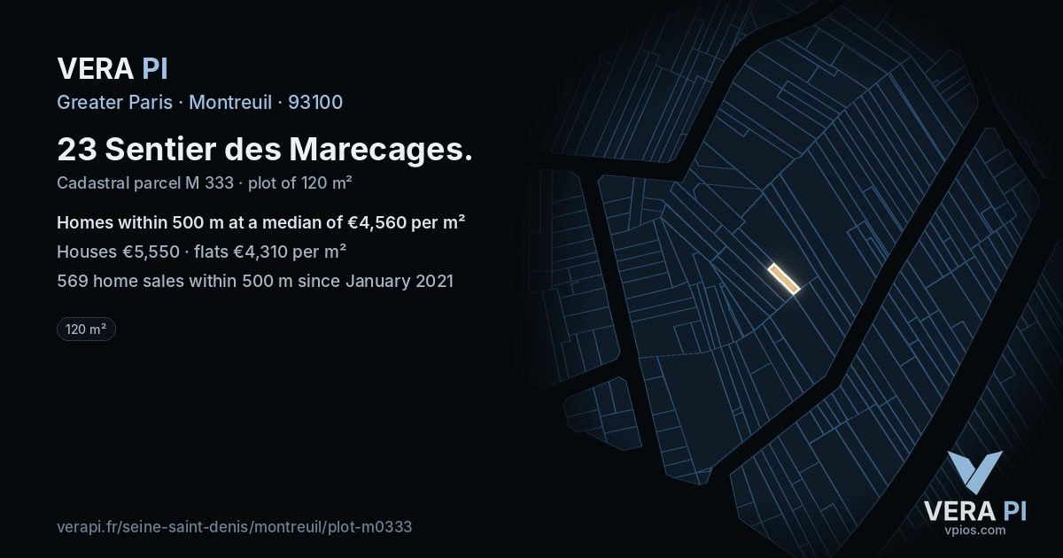 23 Sentier des Marecages, Montreuil at night – the plot lit, the parcels around coloured by the prices near them