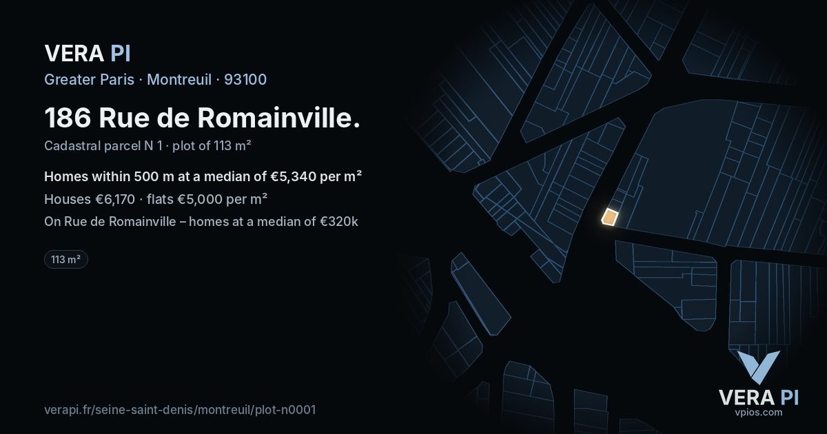 186 Rue de Romainville, Montreuil at night – the plot lit, the parcels around coloured by the prices near them