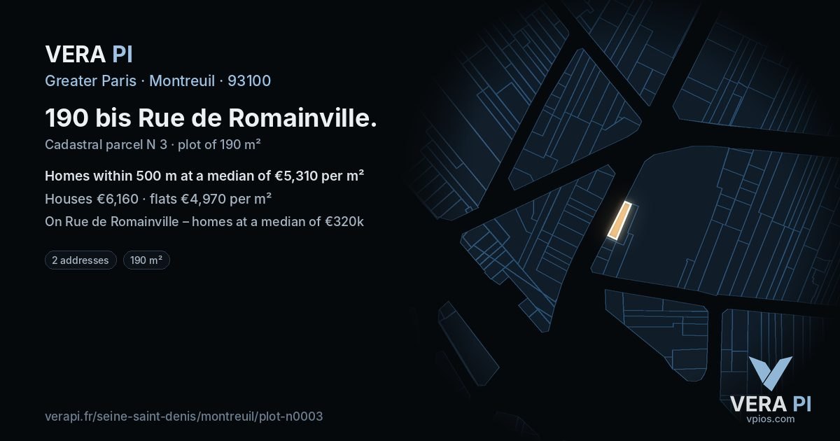 190 bis Rue de Romainville, Montreuil at night – the plot lit, the parcels around coloured by the prices near them