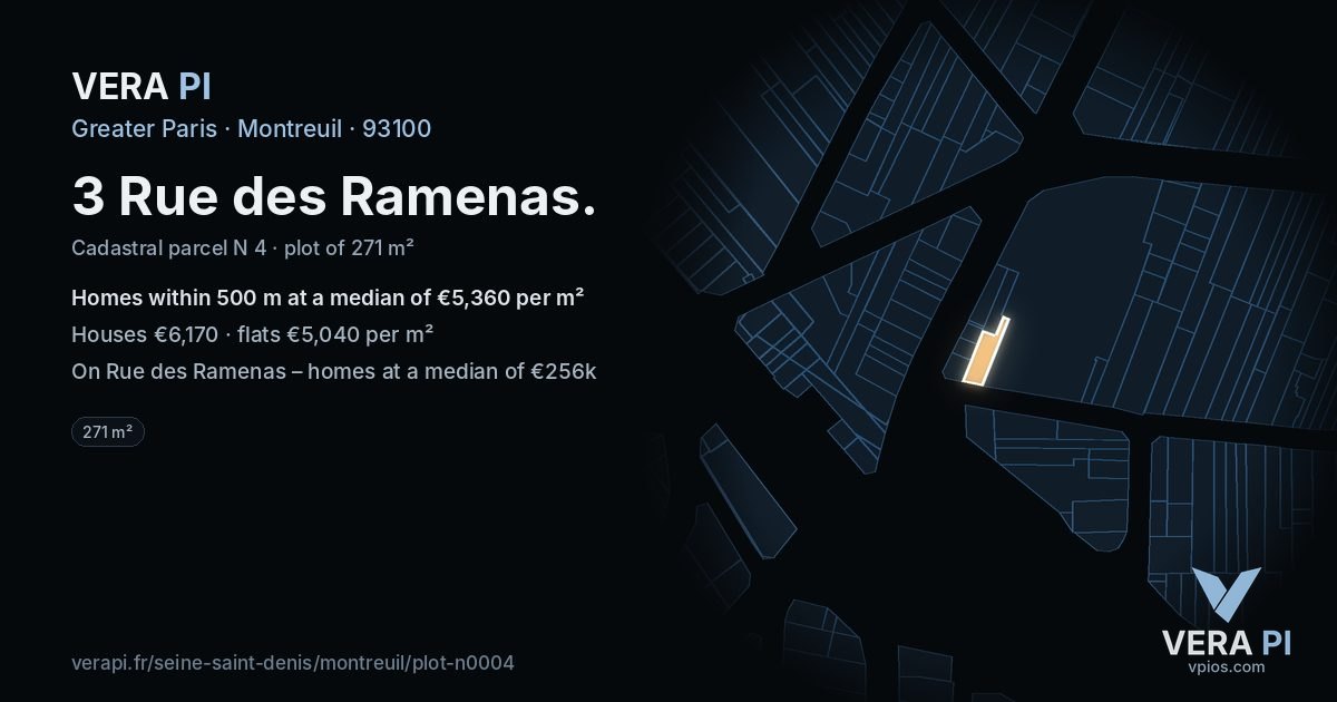 3 Rue des Ramenas, Montreuil at night – the plot lit, the parcels around coloured by the prices near them