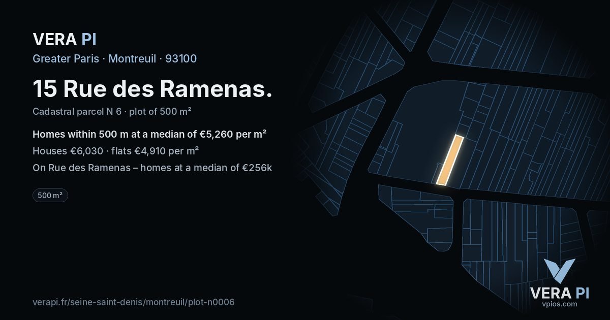 15 Rue des Ramenas, Montreuil at night – the plot lit, the parcels around coloured by the prices near them
