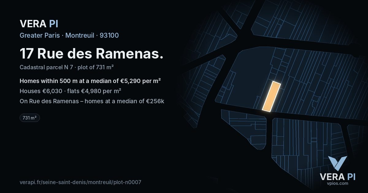 17 Rue des Ramenas, Montreuil at night – the plot lit, the parcels around coloured by the prices near them