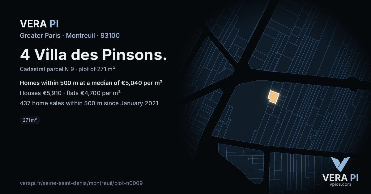 4 Villa des Pinsons, Montreuil at night – the plot lit, the parcels around coloured by the prices near them