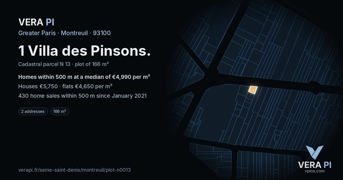 1 Villa des Pinsons, Montreuil at night – the plot lit, the parcels around coloured by the prices near them