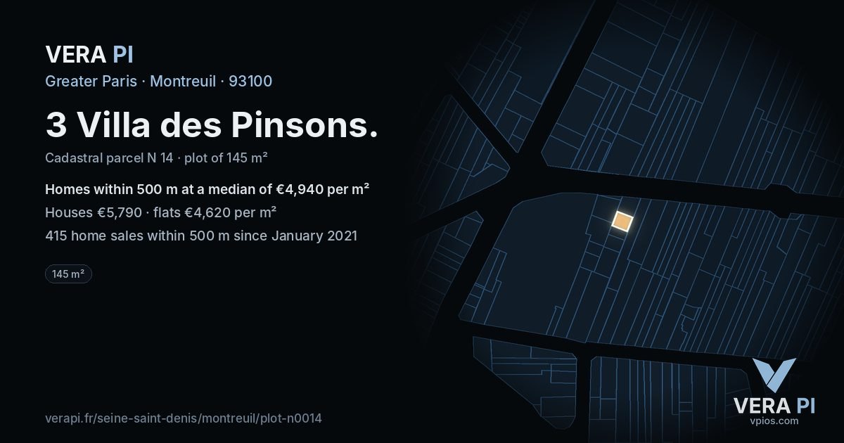3 Villa des Pinsons, Montreuil at night – the plot lit, the parcels around coloured by the prices near them