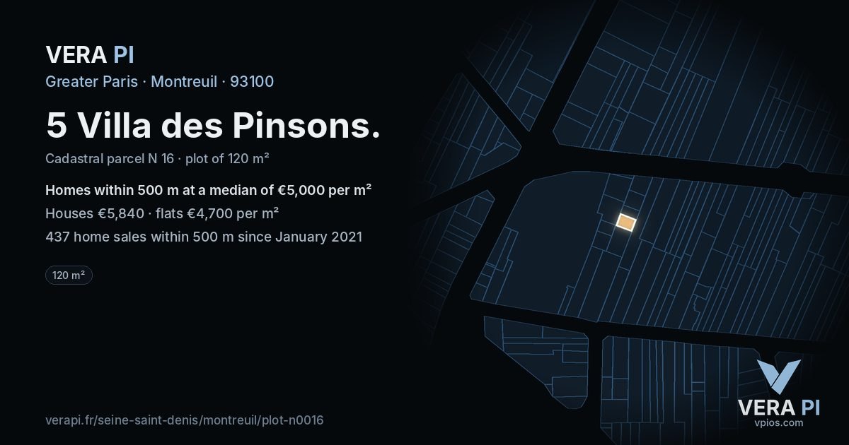 5 Villa des Pinsons, Montreuil at night – the plot lit, the parcels around coloured by the prices near them