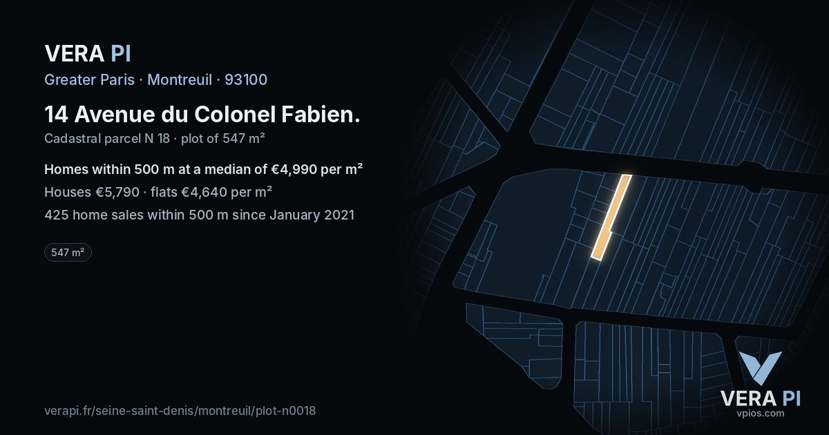 14 Avenue du Colonel Fabien, Montreuil at night – the plot lit, the parcels around coloured by the prices near them