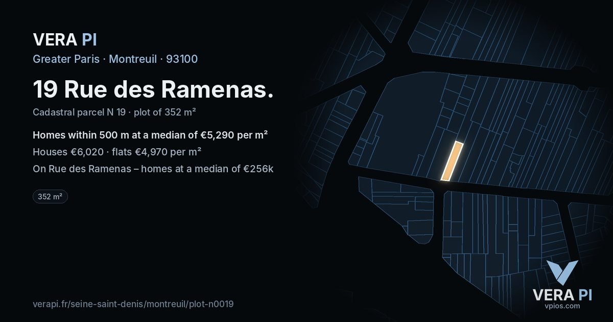 19 Rue des Ramenas, Montreuil at night – the plot lit, the parcels around coloured by the prices near them