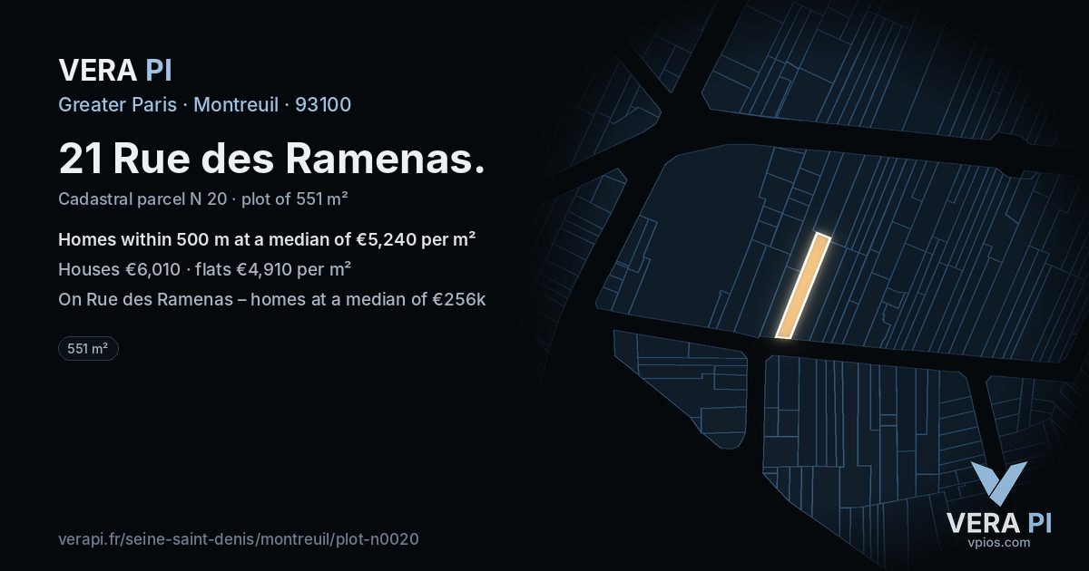 21 Rue des Ramenas, Montreuil at night – the plot lit, the parcels around coloured by the prices near them