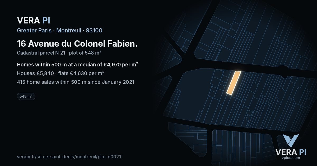 16 Avenue du Colonel Fabien, Montreuil at night – the plot lit, the parcels around coloured by the prices near them