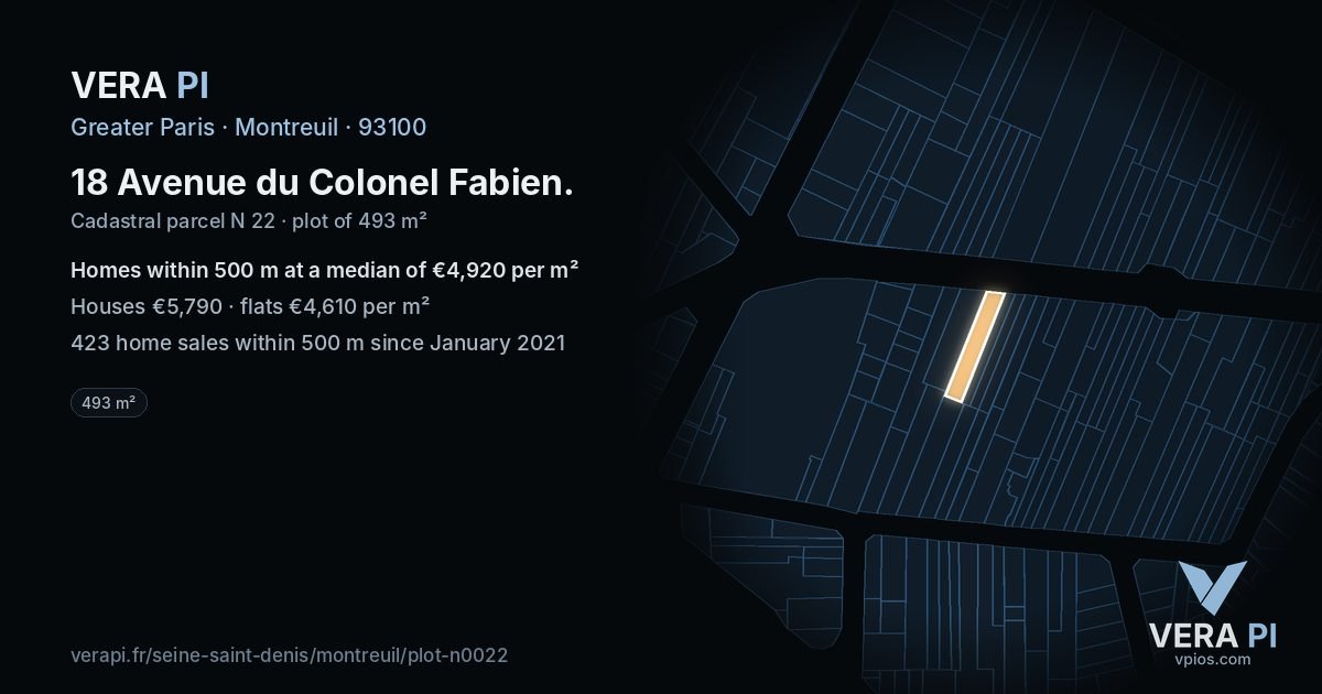 18 Avenue du Colonel Fabien, Montreuil at night – the plot lit, the parcels around coloured by the prices near them