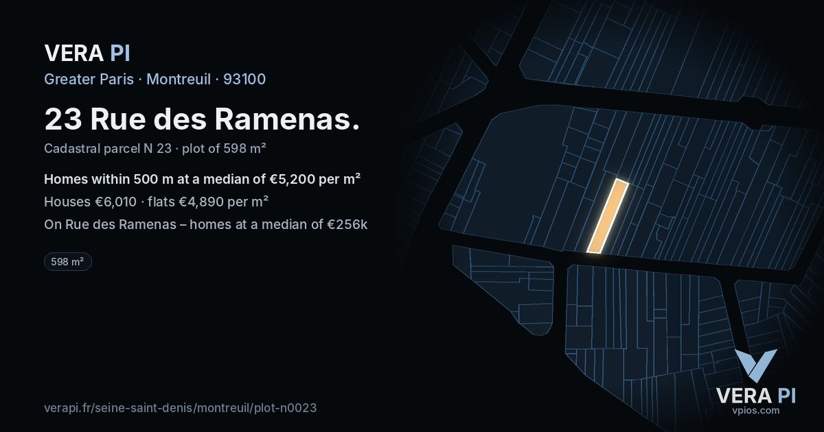 23 Rue des Ramenas, Montreuil at night – the plot lit, the parcels around coloured by the prices near them