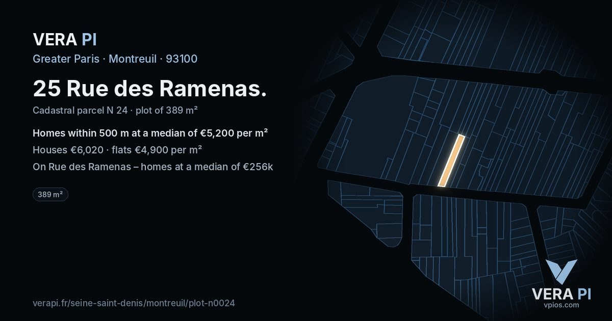 25 Rue des Ramenas, Montreuil at night – the plot lit, the parcels around coloured by the prices near them