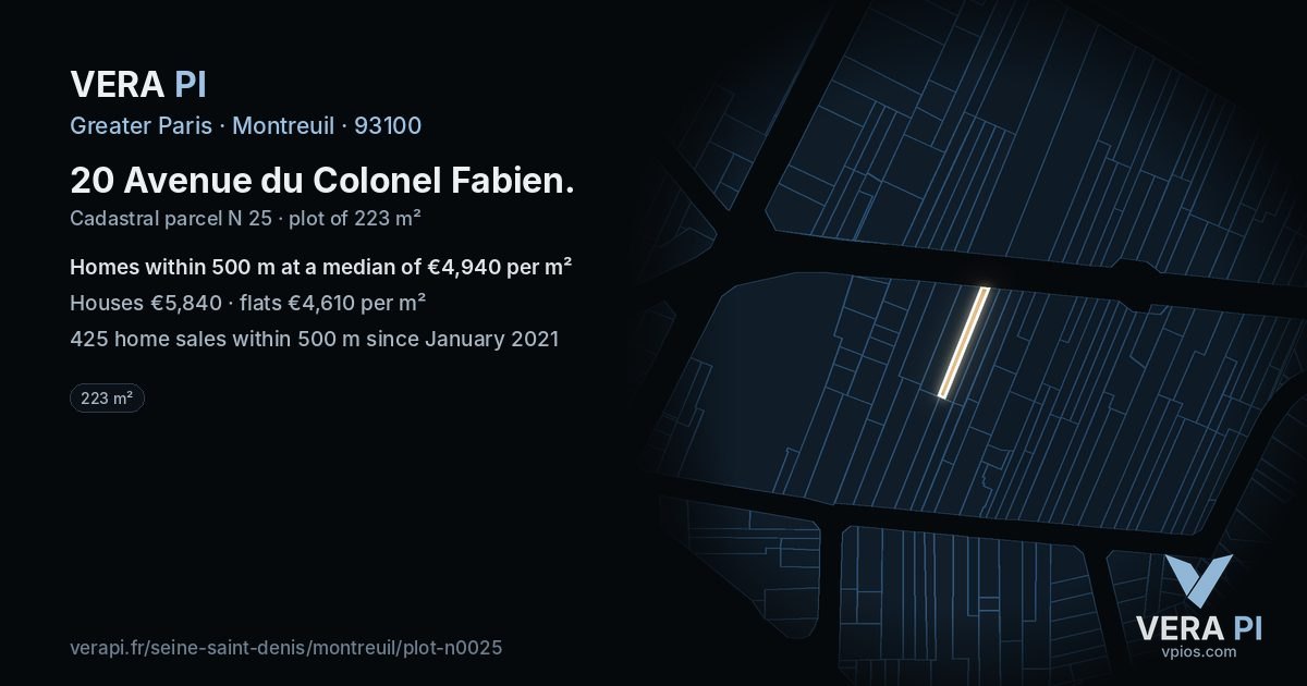 20 Avenue du Colonel Fabien, Montreuil at night – the plot lit, the parcels around coloured by the prices near them