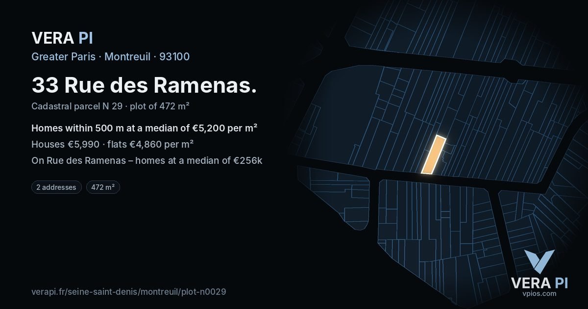 33 Rue des Ramenas, Montreuil at night – the plot lit, the parcels around coloured by the prices near them