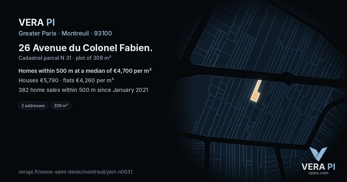 26 Avenue du Colonel Fabien, Montreuil at night – the plot lit, the parcels around coloured by the prices near them