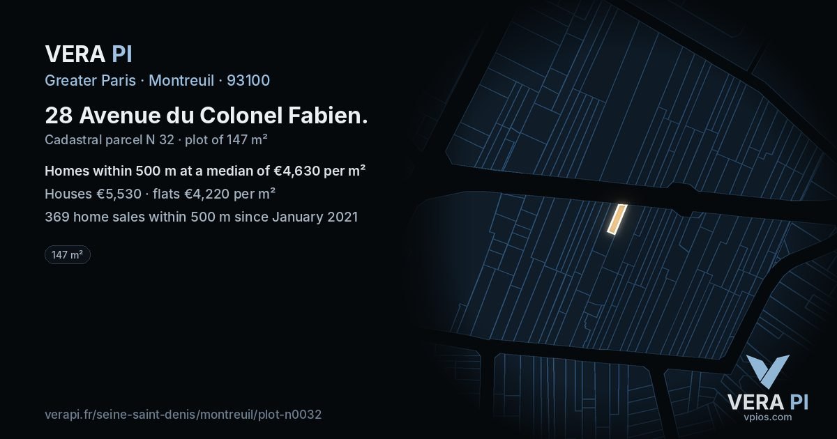 28 Avenue du Colonel Fabien, Montreuil at night – the plot lit, the parcels around coloured by the prices near them