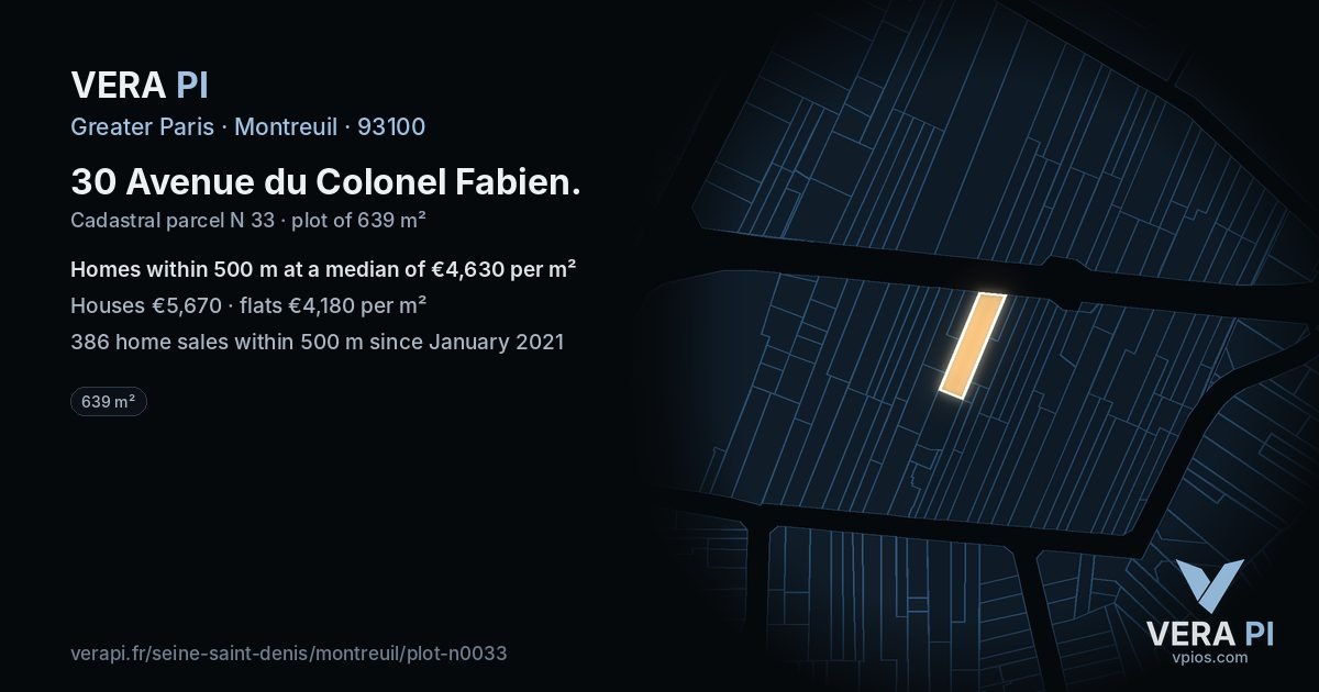 30 Avenue du Colonel Fabien, Montreuil at night – the plot lit, the parcels around coloured by the prices near them