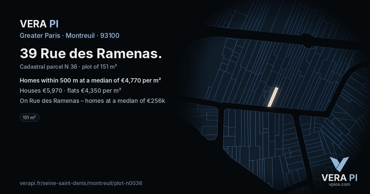 39 Rue des Ramenas, Montreuil at night – the plot lit, the parcels around coloured by the prices near them