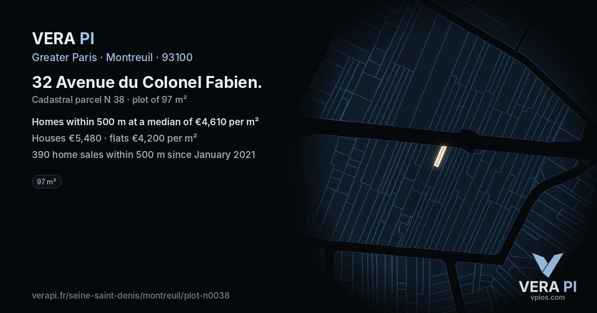 32 Avenue du Colonel Fabien, Montreuil at night – the plot lit, the parcels around coloured by the prices near them